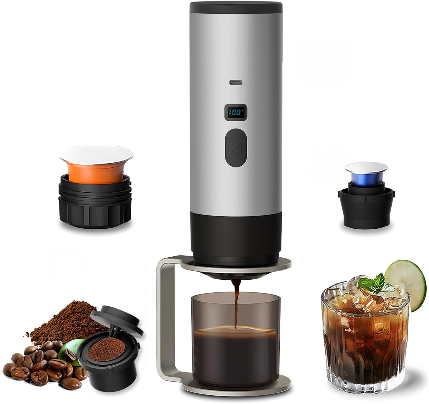 3-in-1 Portable Coffee Maker, Espresso Machine, Self-Heating Travel Coffee Maker Compatible with NS, DG Pods & Ground Coffee, Small Mini Espresso Machine for Car Camping, Hiking With Stand (grey)