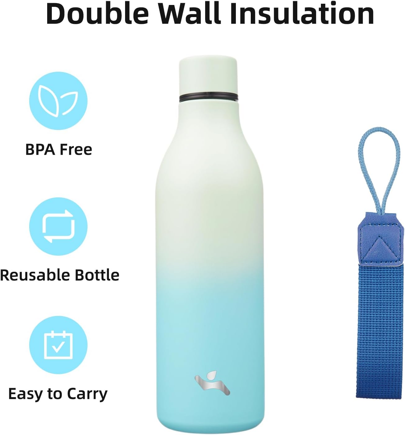 Insulated Water Bottle with Strap,25 oz Double Wall Stainless Steel Vacuum Bottles Metal Water Flask,Mint