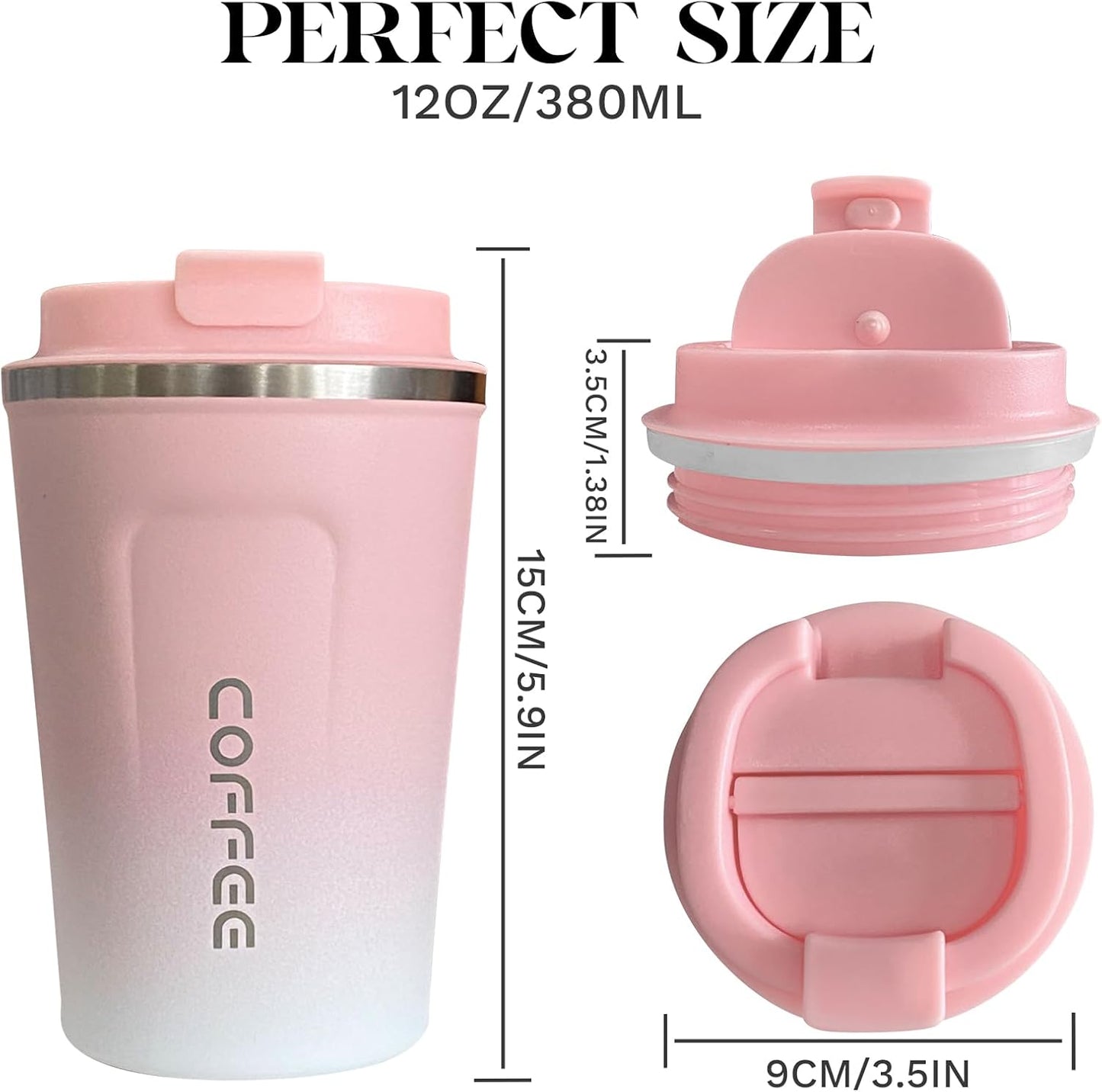 YINBAOGE Insulated Travel Coffee Mug Spill Proof Leak Proof Pobtable To Go Camping Stainless Steel Coffee Tumbler Reusable Coffee Cups with Lids Thermos for Hot and Cold Drink (2nd-Pink White, 12 OZ)