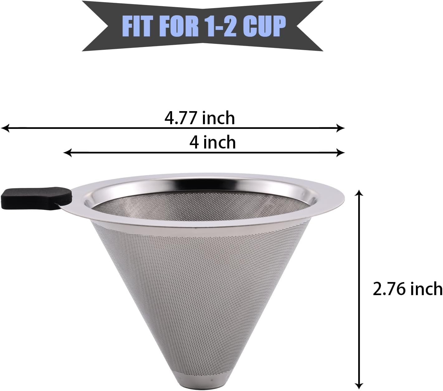 Small Size Pour Over Coffee Filter Dripper, Stainless Steel Metal Cone Drip Coffee Filter, Paperless and Permanently Reusable, Double Mesh Coffee,Tea Filter for 1-2 Cups