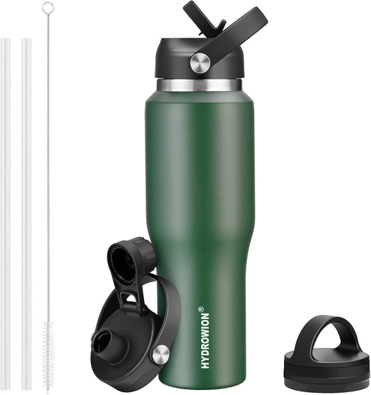 HYDROWION Water Bottle Insulated,32oz Water Bottles Straw Lid, Spout Lid and Flex Cap, Tumbler Flask (Cold for 48 Hrs, Hot for 24 Hrs), Leakproof Travel Thermo Mug, Fit Any Car Cupholder, Olive