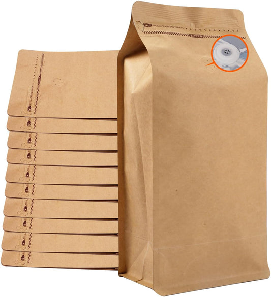 Coffee Bags with Valve (50 PCS,8oz/0.5lb) Kraft Paper High Barrier Aluminum Foil Flat Bottom Standing Coffee Beans Storage Packaging Bags,Reusable Heat Seal Side Zipper Pouches for Small Business&Home