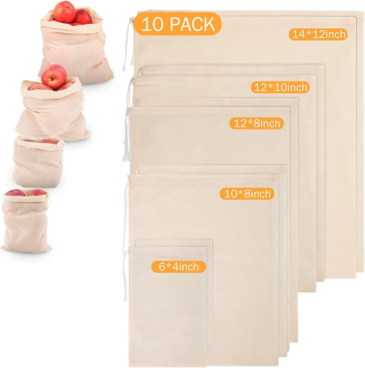 10 Pack Nut Milk Bag, Multi-size Fine Mesh Grade Reusable Cheesecloth Bags Strainers, Unbleached Organic Cotton Filter Bags for Almond Milk, Juices, ColdBrew, Cheese, Tea, Yogurt, Coffee