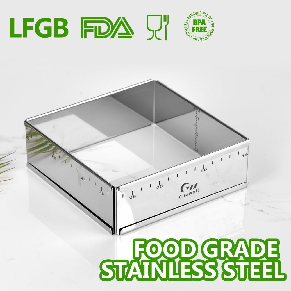 Guowall Stainless Steel Extensible Cake Ring Mold Adjustable Square Shaped Mousse Ring Detachable Nonstick Cake Cutter for DIY Baking - 6in