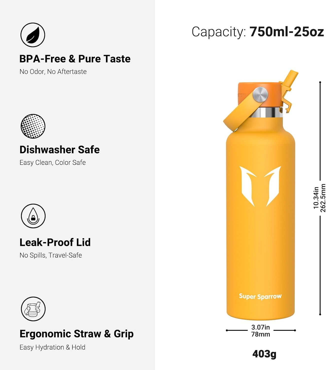 Super Sparrow Insulated Water Bottle - 17 Oz / 25 Oz / 32 Oz - Standard Mouth FlipFlow Flask - BPA Free, Leak Proof Drink Bottle- Ergonomic Straw Water Bottles for Work, Gym, Travel, Sports