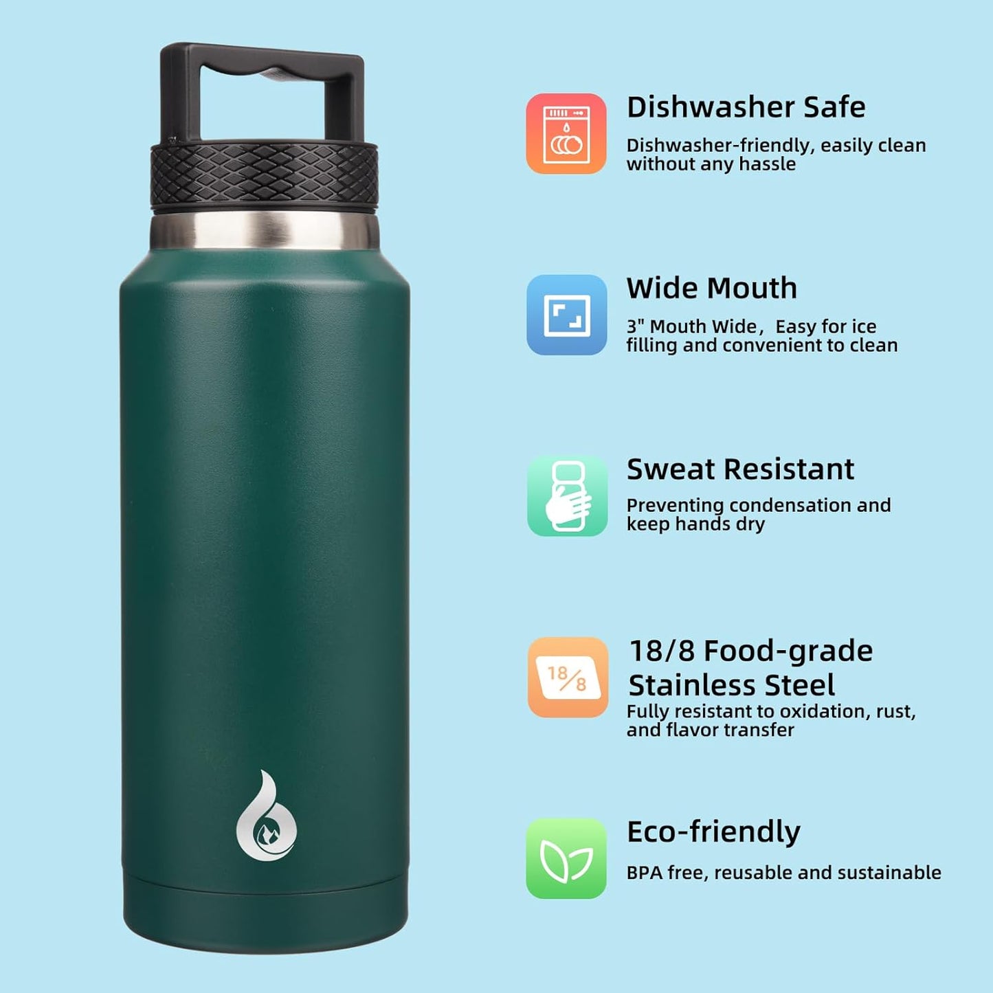 BJPKPK Insulated Water Bottles, Dishwasher Safe 36 oz Water Bottle with Handle, Leakproof BPA Free Water Jug, Stainless Steel Thermos for Sports, Army Green