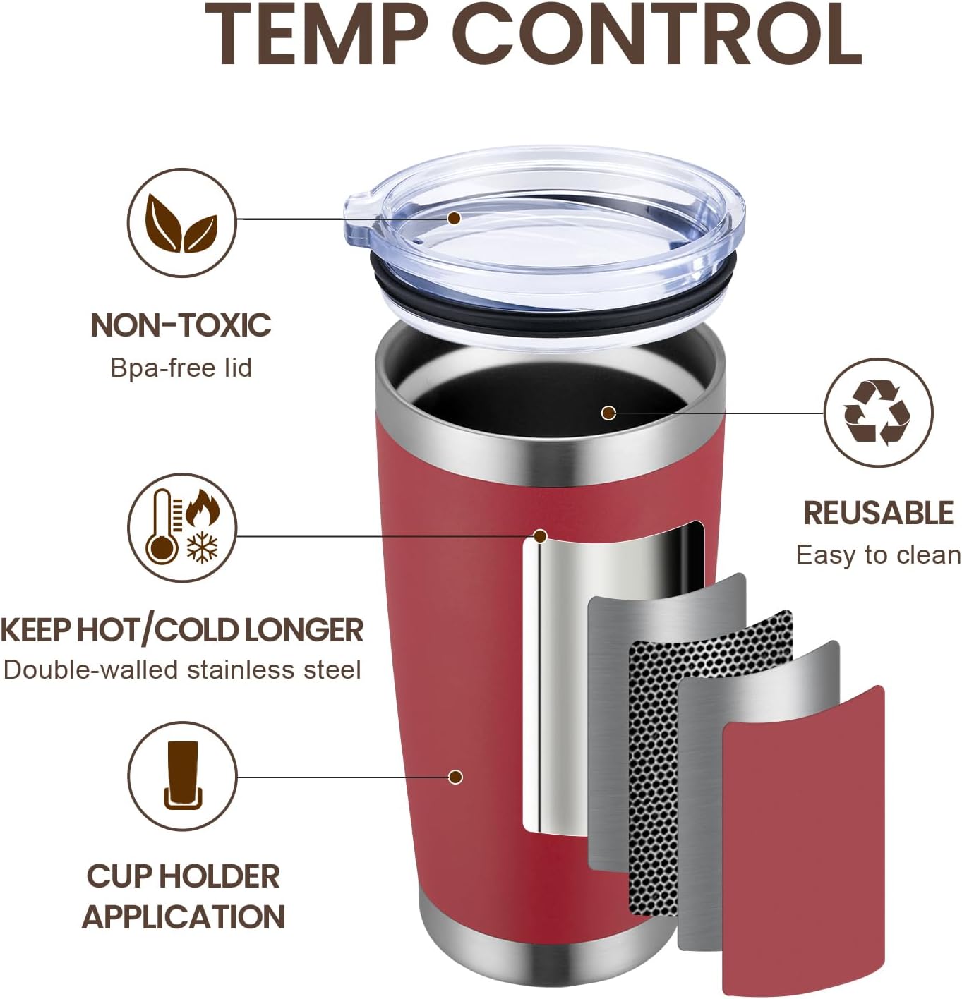 MEWAY 20oz Tumbler 8 Pack Double Wall Vacuum Insulated Travel Mug Bulk, Stainless Steel Tumblers with Lid and Straw, Powder Coated Coffee Cups for Cold & Hot Drinks (Red, Set of 8)