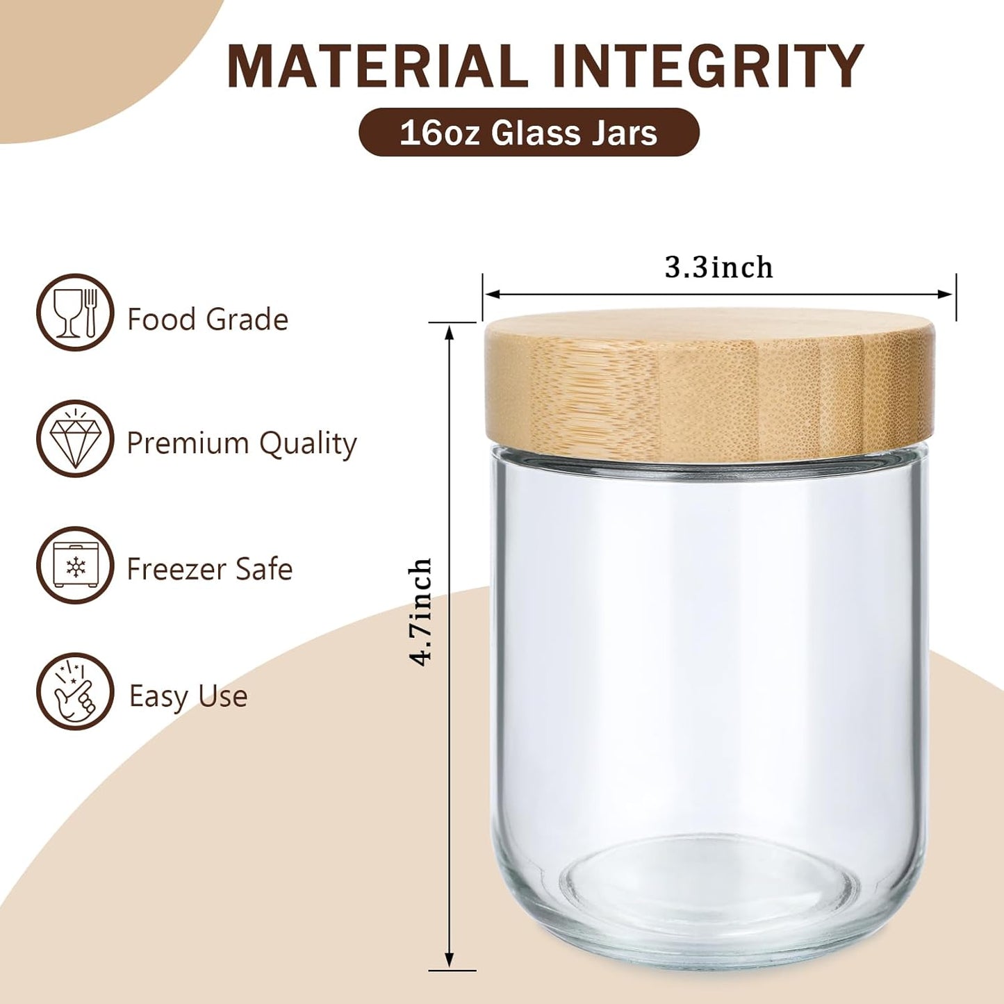 OcePor 4 Pack 16oz Glass Jars with Bamboo Lids, Over Night Oats Container with Airtight Lid, Glass Snack Storage Salad Jars For Food, Yogurt, Sugar and Flour,Coffee Bean, Cookie, Cereal