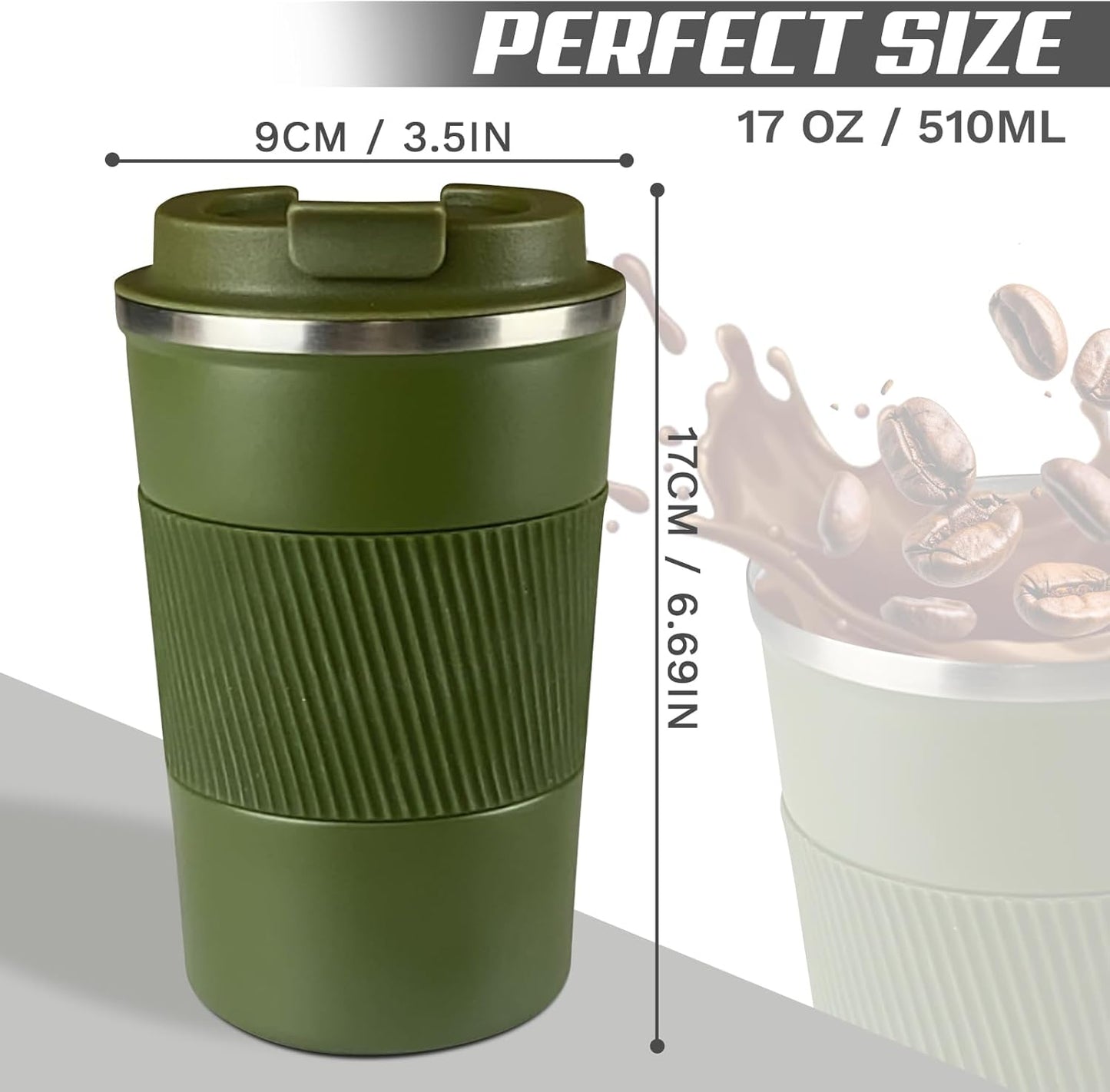 Vacuum-Insulated Stainless Steel Travel Coffee Mug, Leak-Proof Reusable Coffee Cup with Lid - Keep Hot & Cold Drinks for Hours, Durable Thermos Tumbler for Men & Women (3rd-Green, 17OZ)