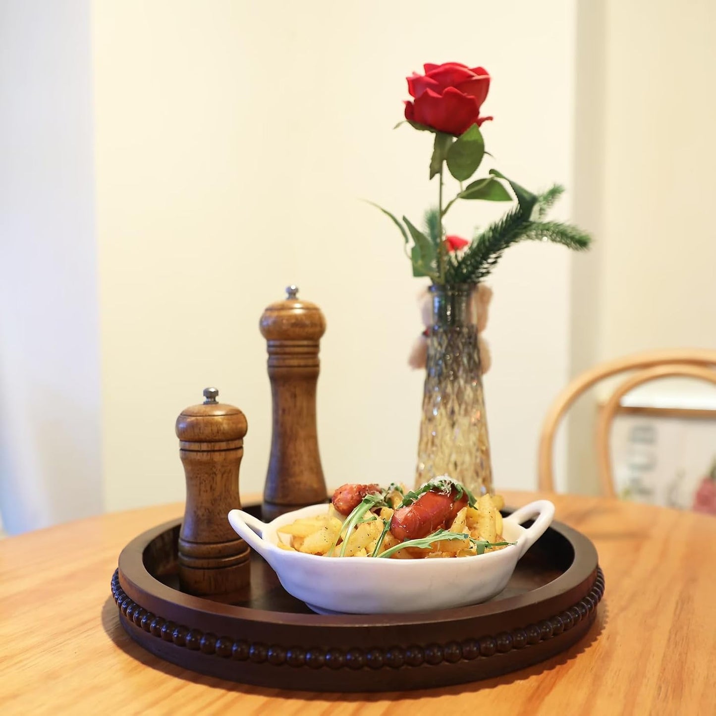Wood Decorative Serving Tray with Bead, Round Vintage Wooden Ottoman Tray for Home Centerpiece, Counter Organizer, 13” Circle Tray for Kitchen, Living Room (Dark Brown)