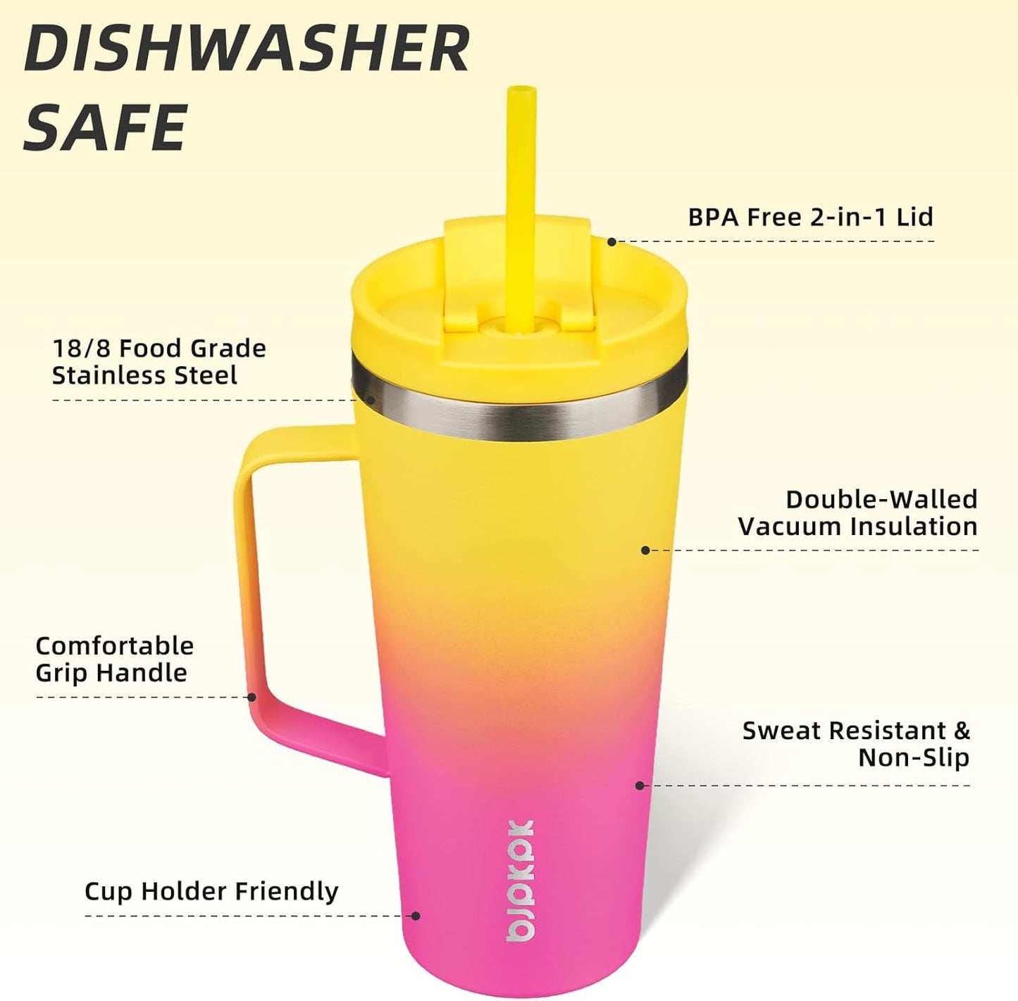 BJPKPK Insulated Tumbler with Handle, 22oz Insulated Tumblers with Lid and Straw, Stainless Steel Metal Water Bottles, Coffee Travel Mugs, Cups, Pink & Yellow Rose