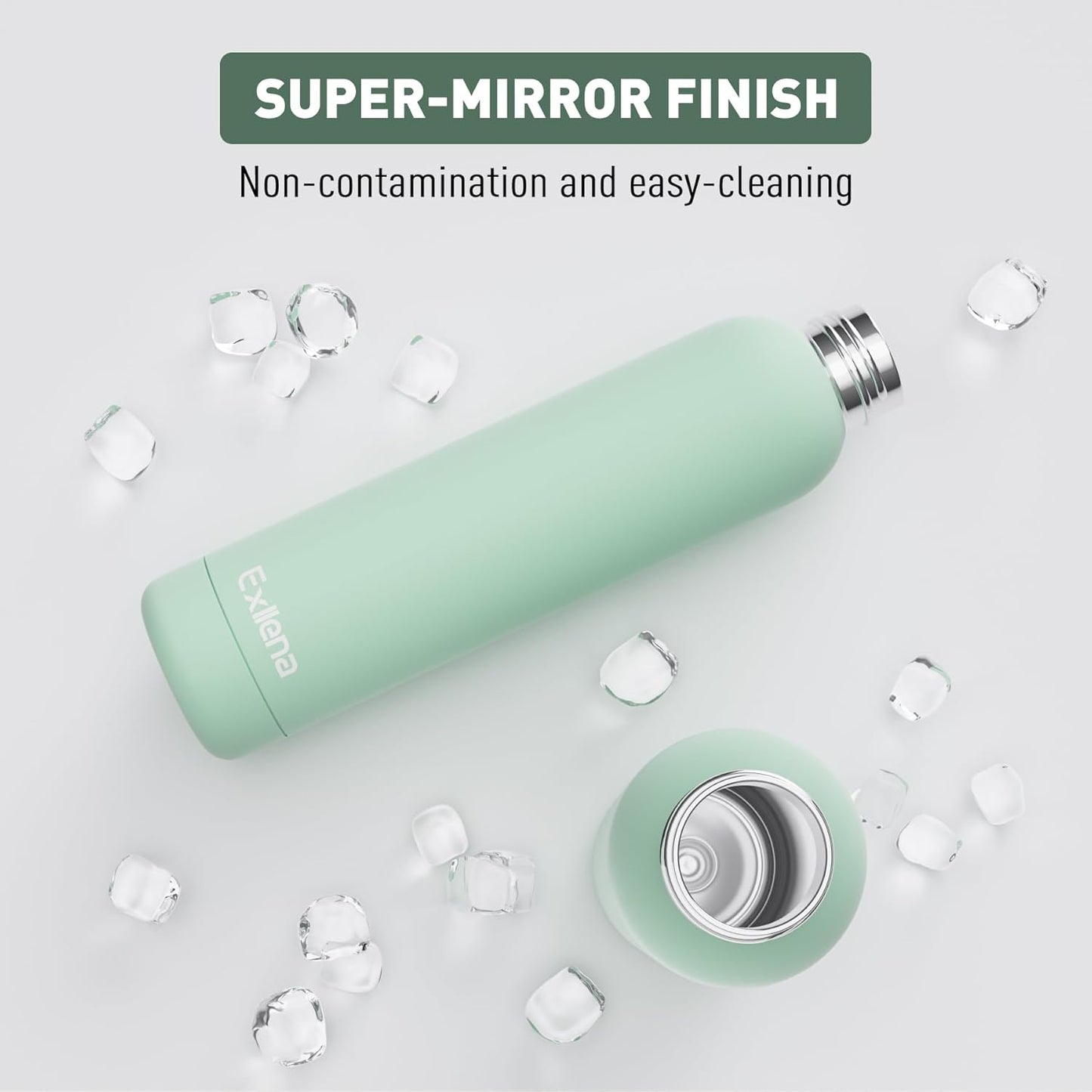 Slim Insulated Water Bottles for Travel 25oz with Clip, Double Wall Vacuum Stainless Steel Water Bottle Keeps Drinks Cold 24 Hrs/Hot 12 Hrs, 100% Leakproof, BPA Free(Mint)