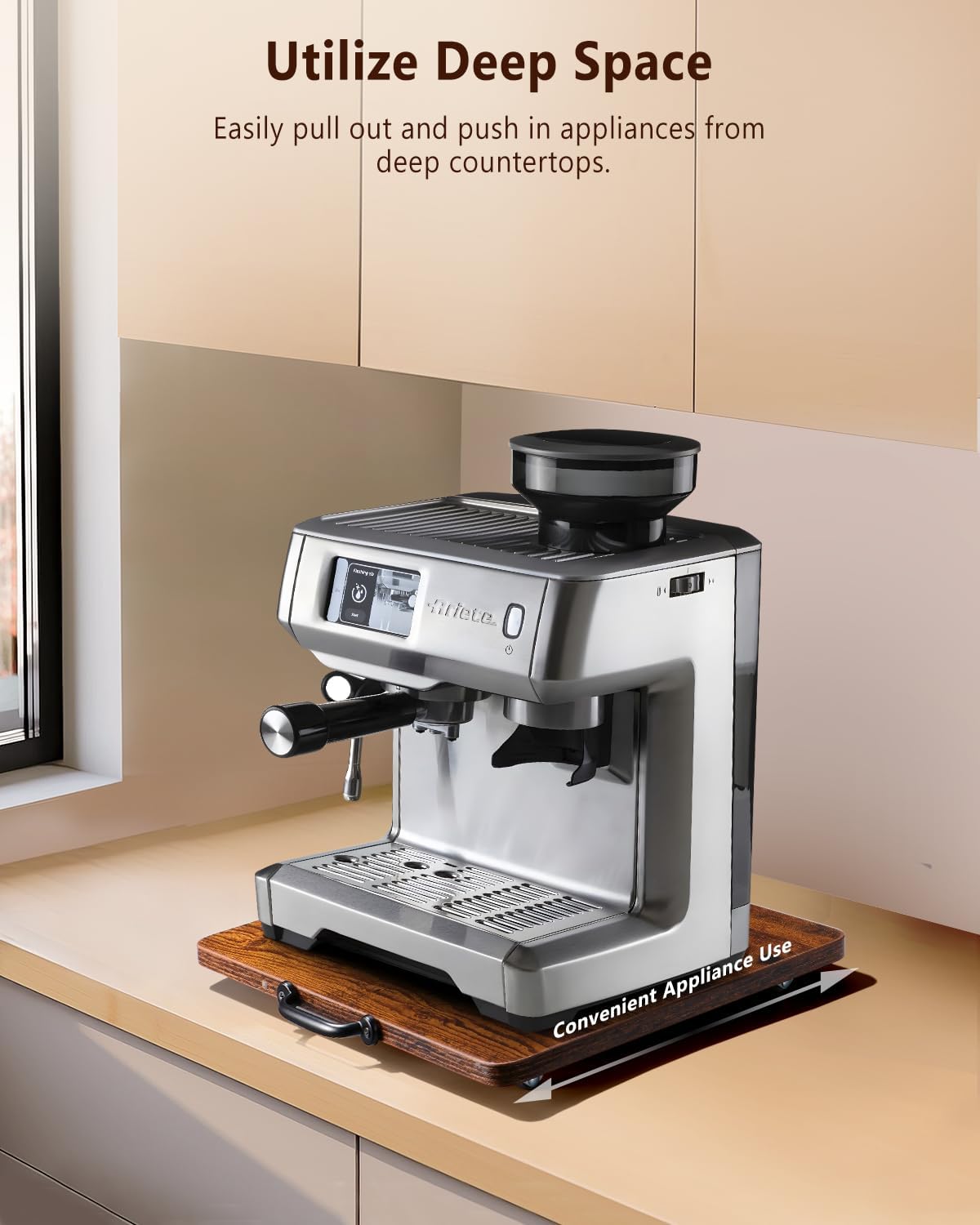 Appliance Slider, Sliding Tray for Coffee Maker, Coffee Pot Slider for Countertop, Kitchen Appliance Rolling Tray with Rubber Wheels (Rustic Brown, Large - Wide (16" X 12.5"))