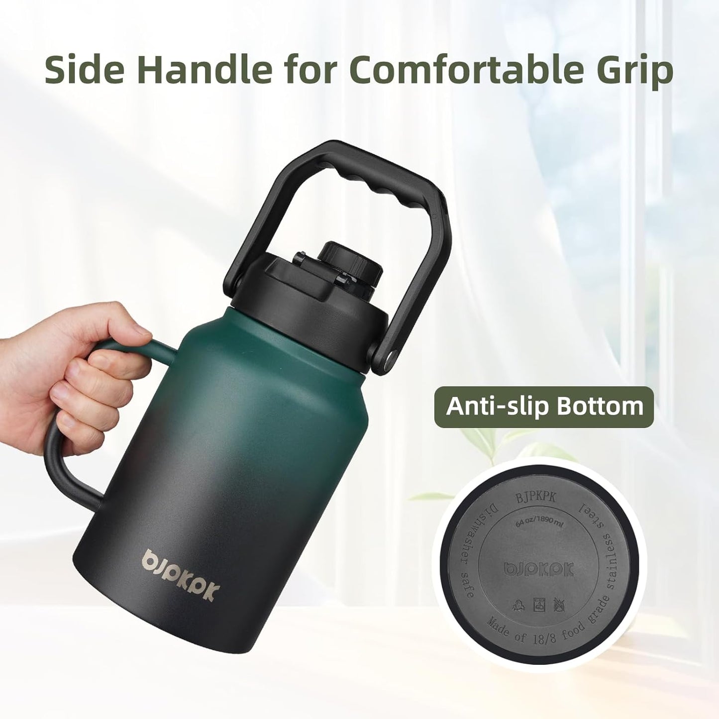 BJPKPK 64oz Insulated Water Bottle with Handle, Large Dishwasher Safe Half Gallon Water Bottle, BPA Free Water Jug, Wide Mouth Metal Water Bottle with Anti-slip Bottom, Keep Cold & Hot, Army Green