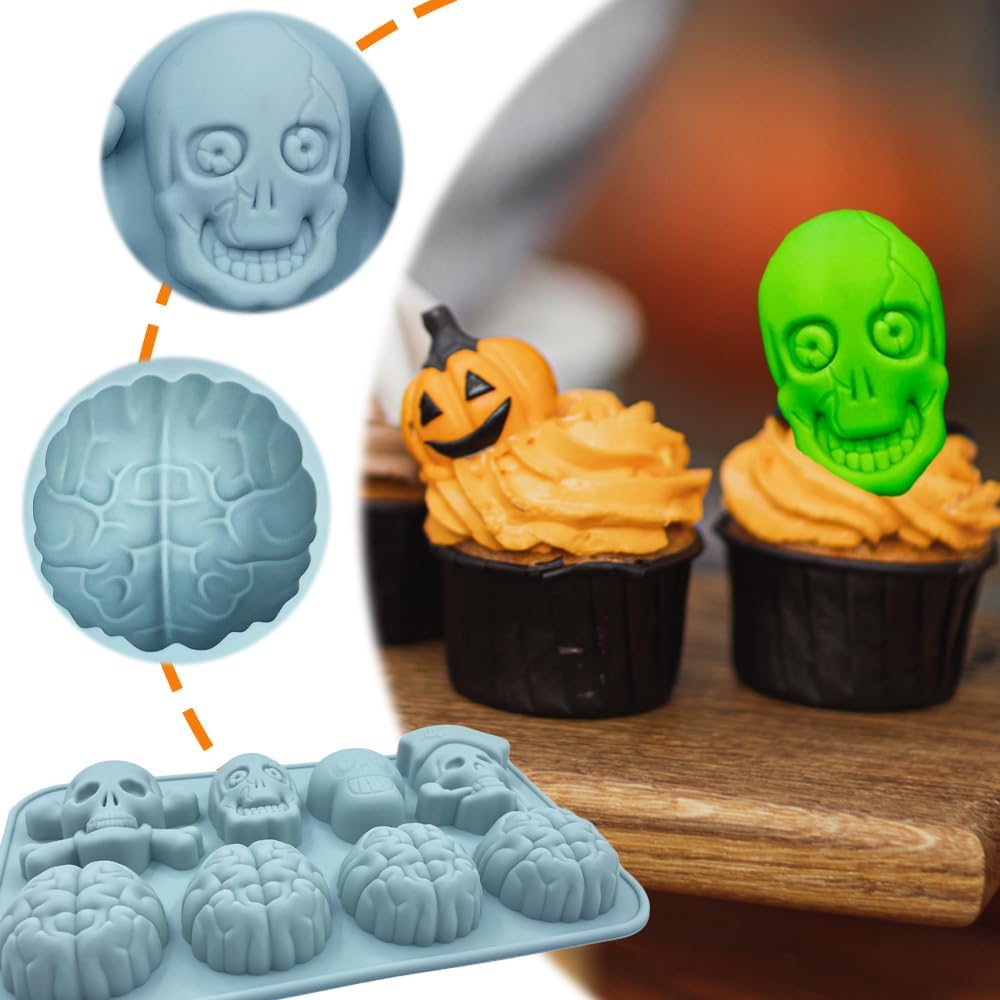 Halloween Chocolate Mold Silicone,2pcs Cavity Candy Gummy Mold with Skull and Brain for Baking Chocolate Jelly Gummy Desser