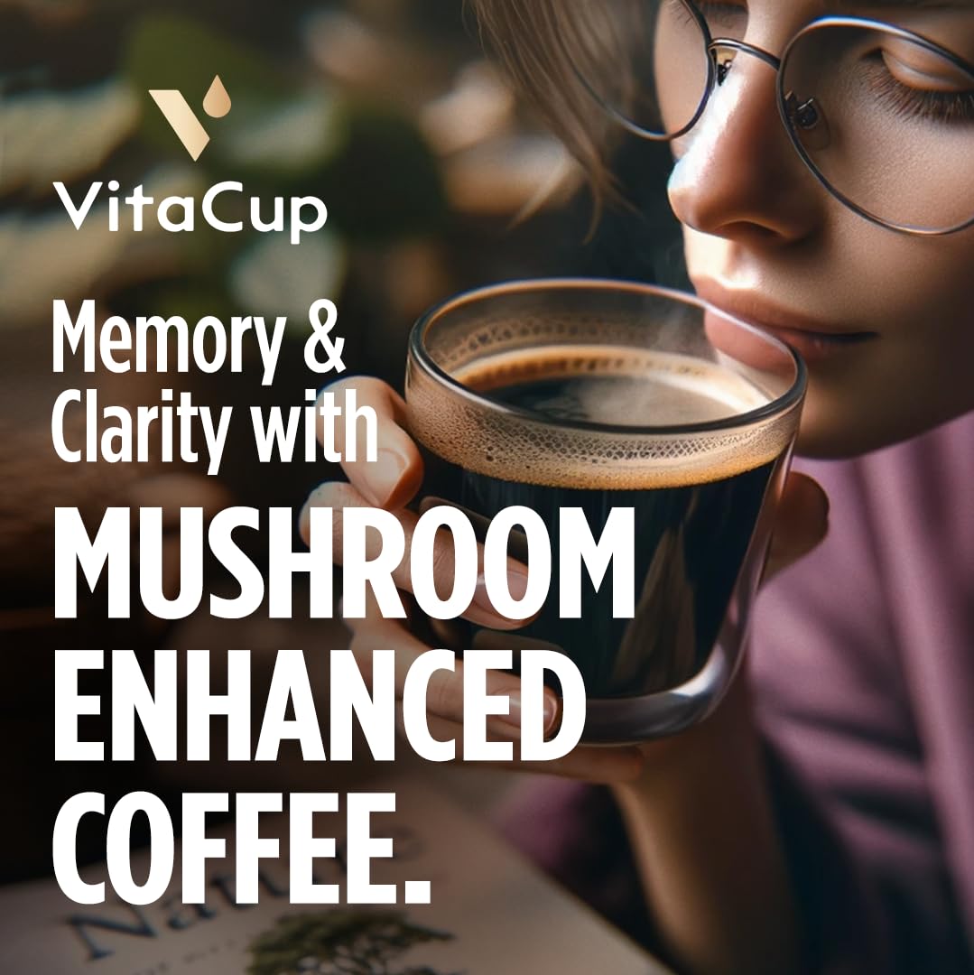 VitaCup Focus Mushroom Coffee Grounds, with Lions Mane, Chaga, B Vitamins, D3, Boost Focus, Immunity, Memory & Clarity, Medium Dark Roast, Bold & Smooth 100% Arabica Specialty, 6 bags, 10oz each