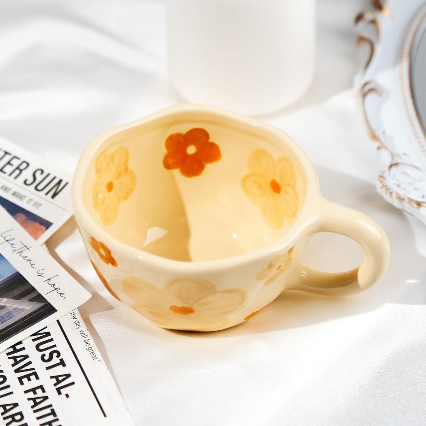 Ceramic Coffee Mug Vintage Flower Mugs 8 oz Cute Floral Coffee Mugs Irregular Latte Art Cup Lead-free Porcelain Cups for Cappuccino, Cocoa (Orange Flowers)