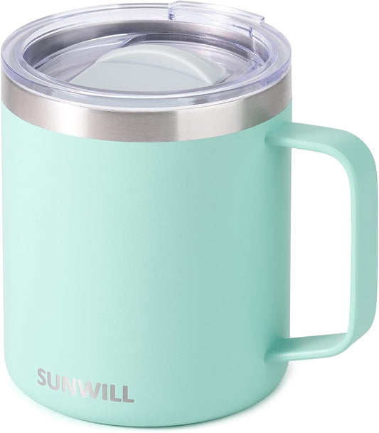 SUNWILL Insulated Coffee Mug with Lid, Travel Tumbler with Handle, 14 oz Stainless Steel Cup for Camping, Office, Home, Powder Coated Mint