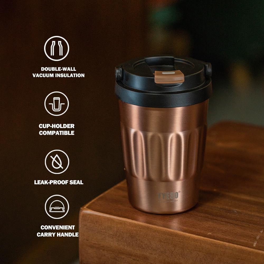 TYESO Stainless Steel Portable Tumbler with Flip Lid,Travel Mug with Concealed Carry Handle, Leakproof Insulated Coffee Cup (ROSE GOLD, 17 OZ)