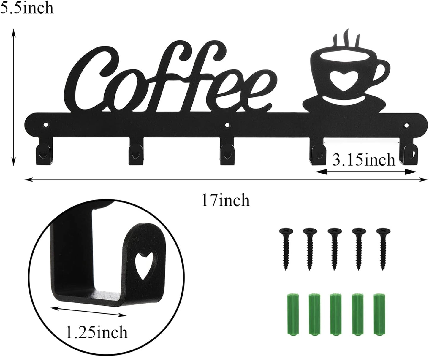 TOPZEA Wall Mounted Coffee Mug Holder, Metal Cups Rack with 5 Hooks Mugs Storage Hanger, Space Saving Hanging Organizer for Kitchen, Bar Station Accessories, Coffee Sign Decor
