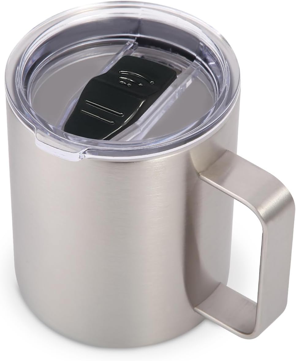 Volhoply 14oz Insulated Stainless Steel Coffee Mug with Leakproof Lid,Double Wall Vacuum Travel Coffee Cup with Handle,Reusable Metal Cups Tumbler,Camping Mugs Keep Hot,Ideal Gifts(Silver,1)