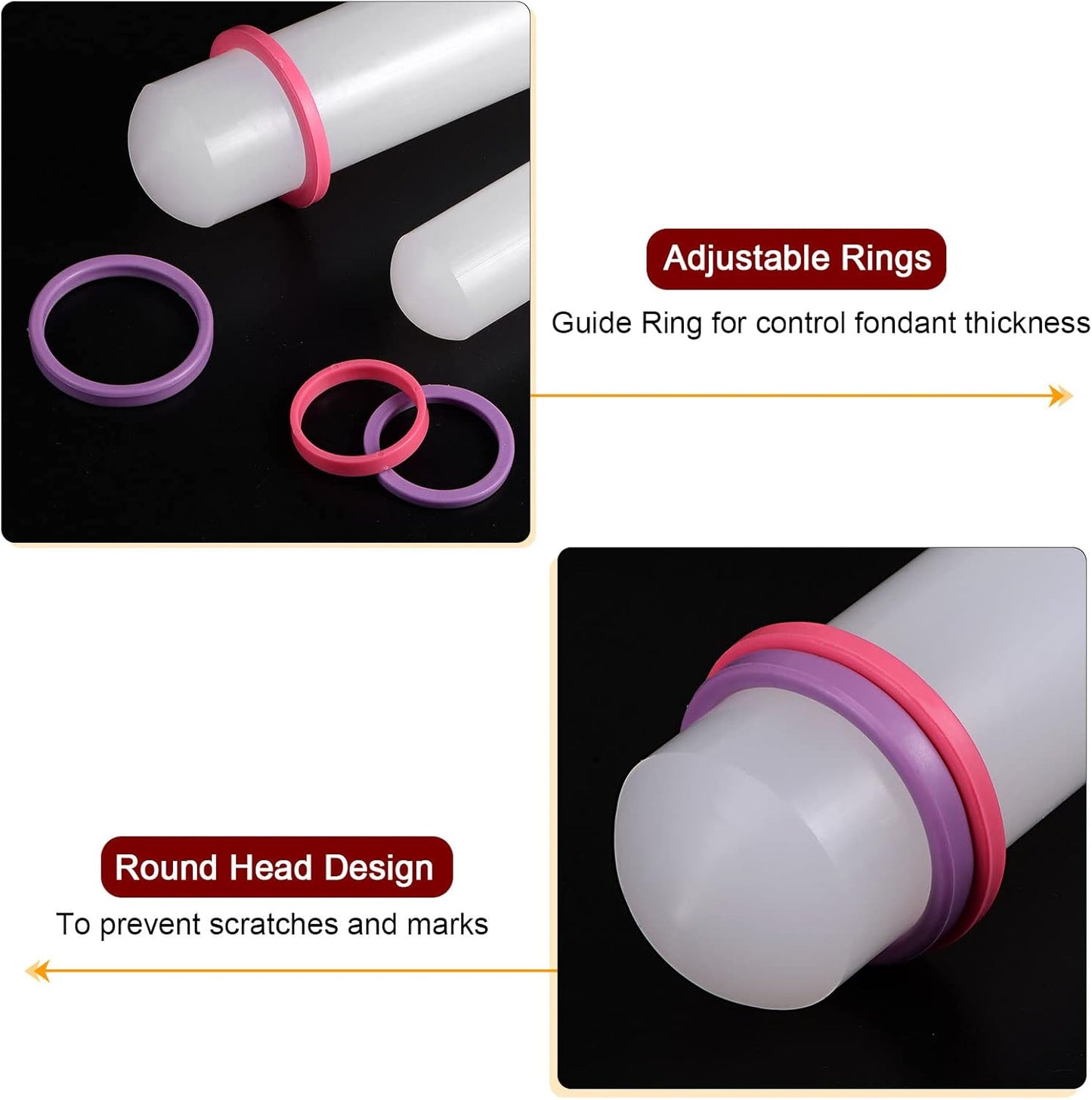 HARFINGTON Fondant Rolling Pin 13 Inch x 1.38 Inch Adjustable Guide Rings Non-Stick PP Plastic Fondant Roller Dough Roller Kitchen Decorating Tools for Cookie Pastry Pizza Clay