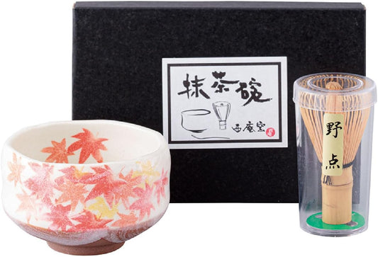 Japanese Traditional Mino Ware Handcrafted Mini Matcha Chawan Tea Bowl Cup Set With Chasen Bamboo Tea Whisk Ceremony Tableware Pottery (Shino Momiji)