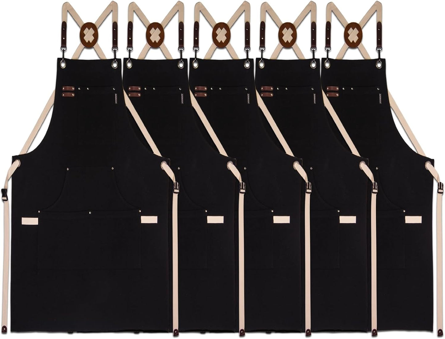 5 Pack Kitchen Apron, Work Apron, Canvas, Multiple Pockets, Gardening, Painting, BBQ, Artist, Carpenter, Sizes M to XXL, Black