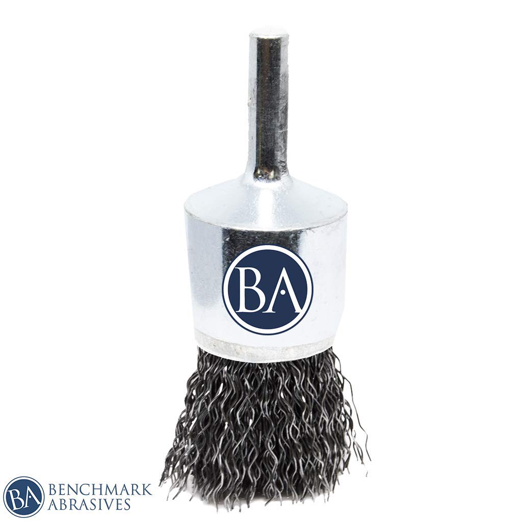 Benchmark Abrasives 1" Crimped Wire End Brush Die Grinder for Cleaning deburring on Cast Iron, Steel, Titanium, Nickel, 1/4" Shank for Rotary Tools (5 Pack) - Carbon Steel