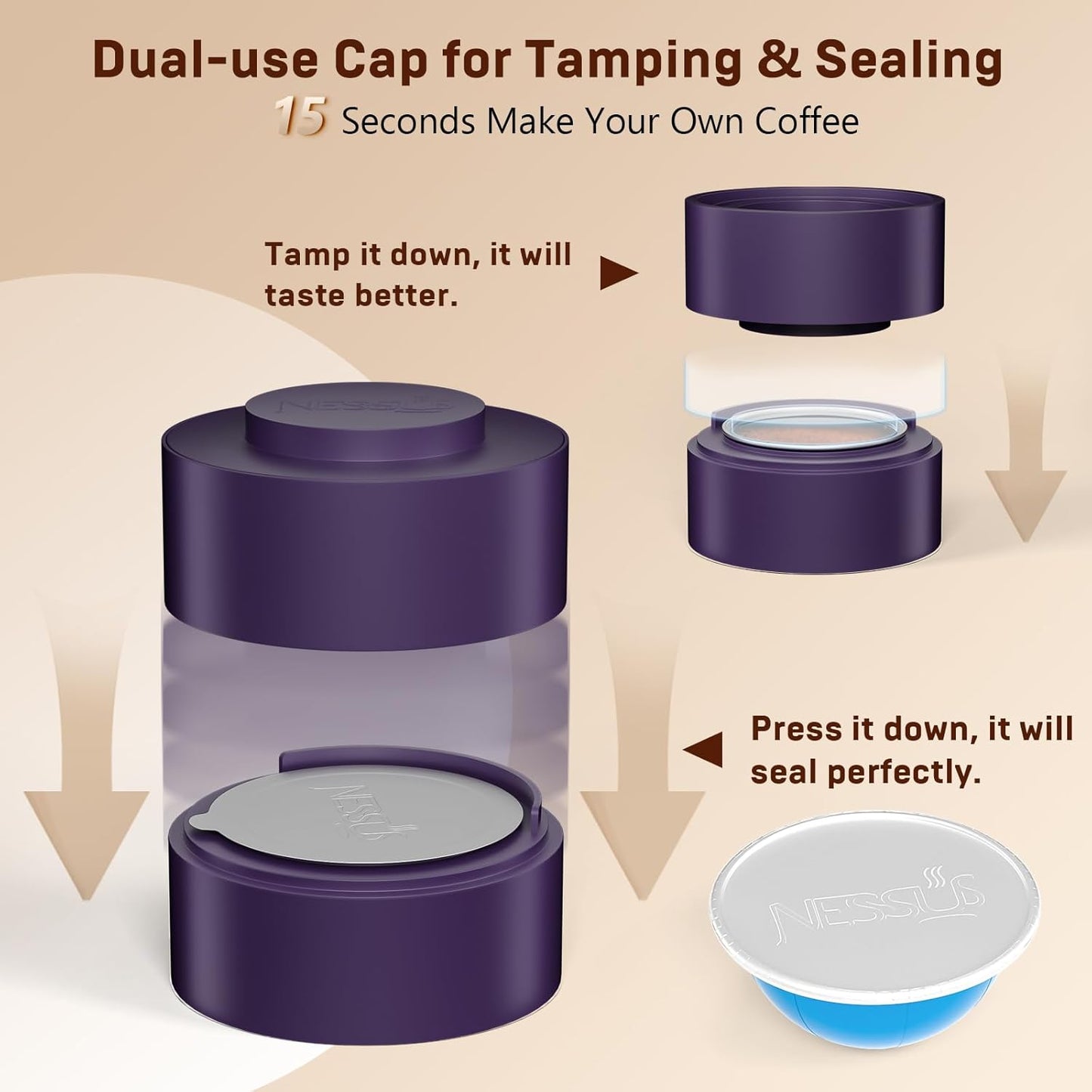 Nessus Reusable Vertuo Capsule Kit, [ALSeal EZ FIT] for Refillable Pods with 100 Pcs Aluminum Foil Seal Lids, Holder, Brush, for Refilling Vertuo Pods Reusable Vertuoline Pod(Purple)