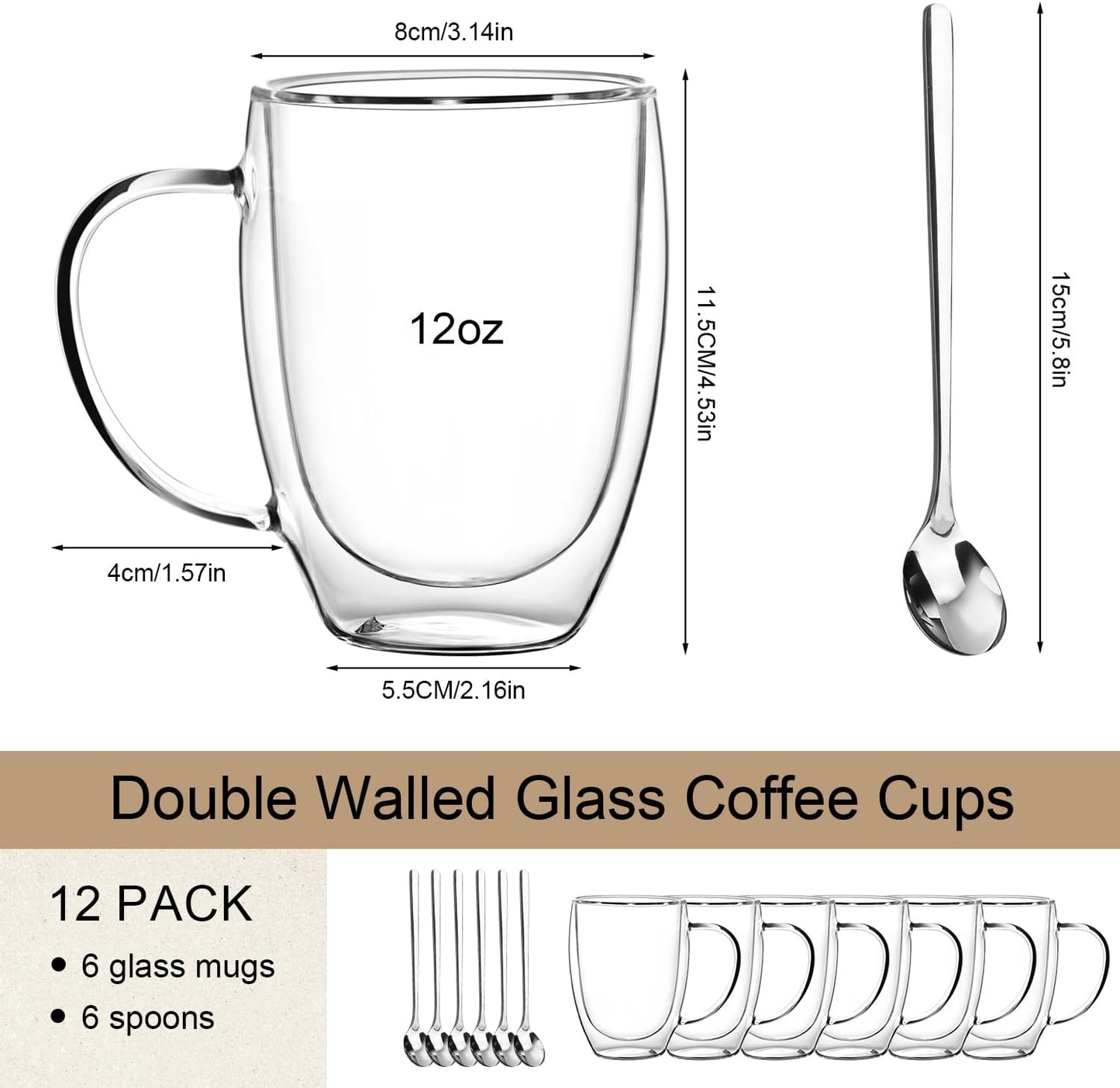 Double Wall Glass Coffee Mugs 12 OZ, Clear Coffee Cup With Handle,Insulated Coffee Mugs Set of 6 With Spoons Perfect for Espresso, Cappuccino, Latte, American,Tea Bag, Beverage