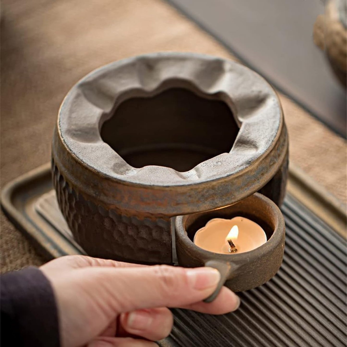 Teapot Warmer Matte Classic Retro Ceramic Universal Tea Warmer Stand Set with Candle Holder Japanese Style for Warming Tea, Coffee and Milk etc.