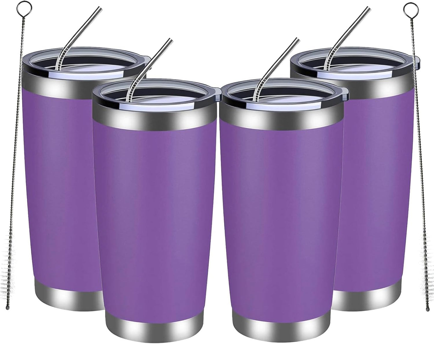 MEWAY 20oz Tumbler 4 Pack Double Wall Vacuum Insulated Travel Mug Bulk, Stainless Steel Tumblers with Lid and Straw, Durable Powder Coated Coffee Cups for Cold & Hot Drinks (Purple, 4)