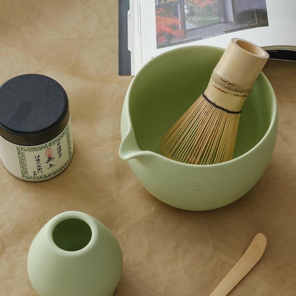 Matcha Whisk Set, Ceramic Matcha Bowl & Whisk Holder, Bamboo Accessory, Modern Design (Mint Green, Pouring Spout)