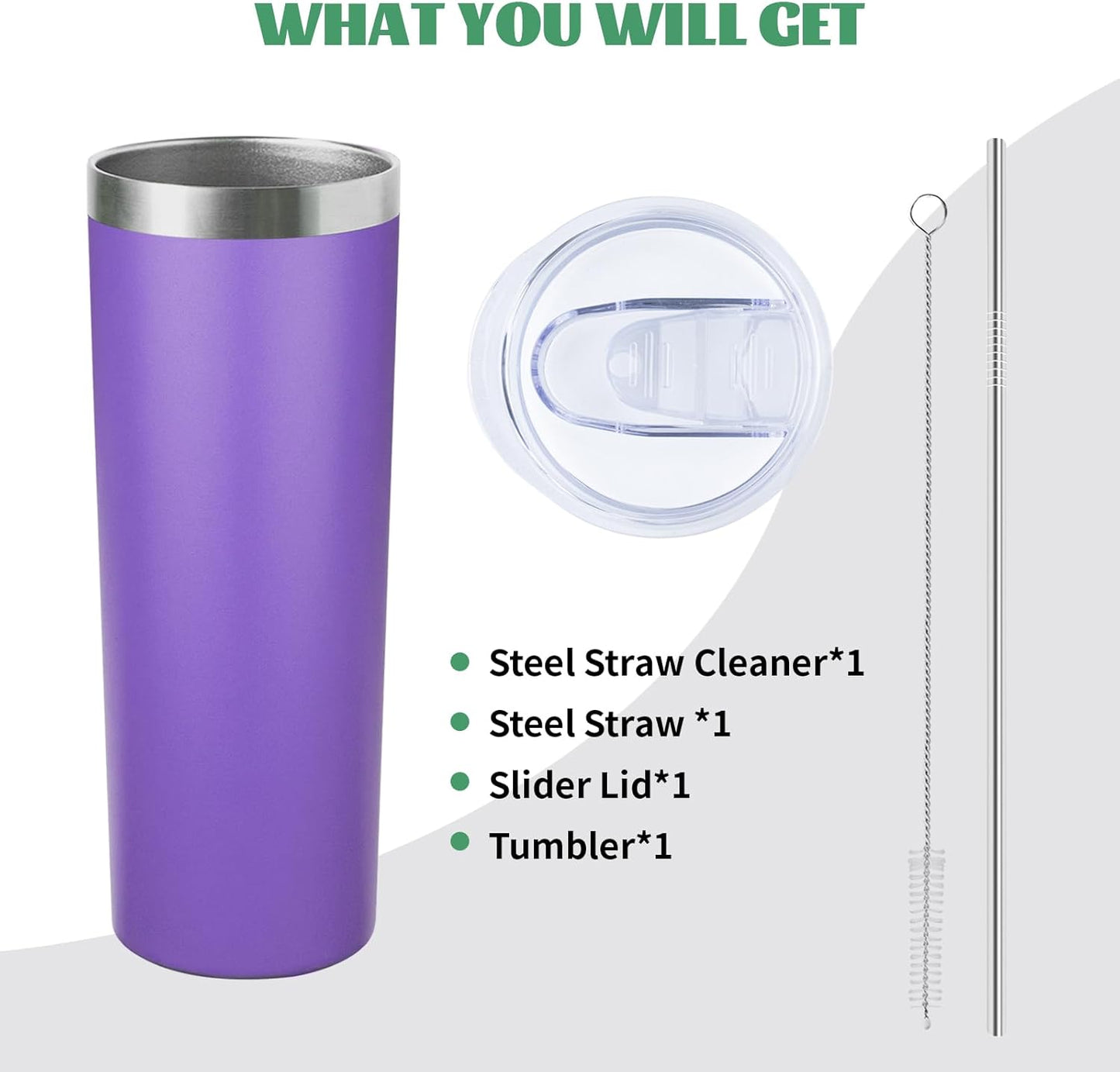 20 oz Skinny Tumbler with Lid and Straw,Stainless Steel Vacuum Insulated Tumbler Cup Double Wall Leak-proof Coffee Mug,Travel Thermal Water Tumbler for Home,Office,Outdoor (Purple,1)