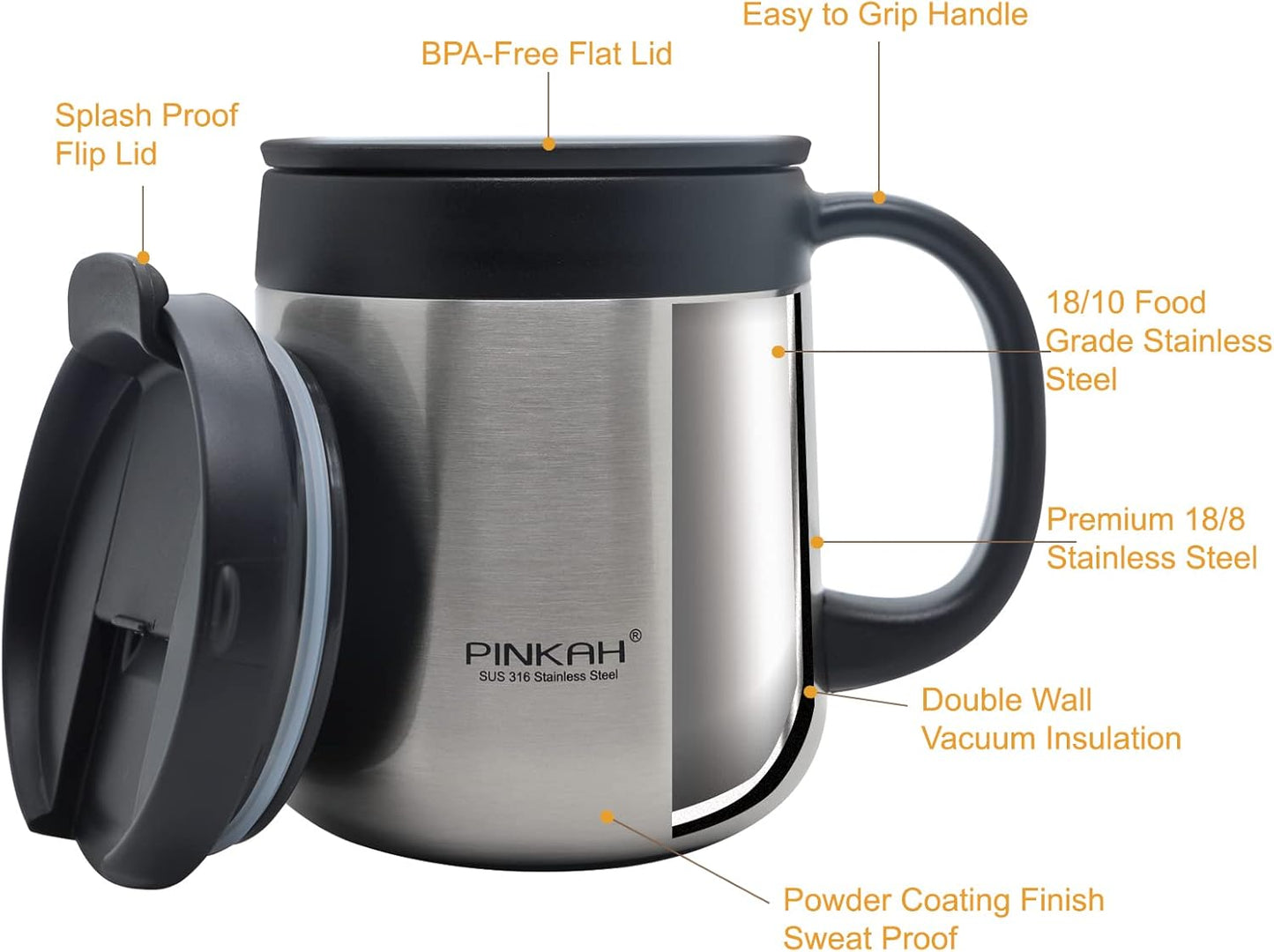 11OZ 330ML Stainless Steel Insulated Coffee Mug with Handle, Thermo Tumbler with Double Wall Vacuum Insulated Coffee Cup with 2 Lids