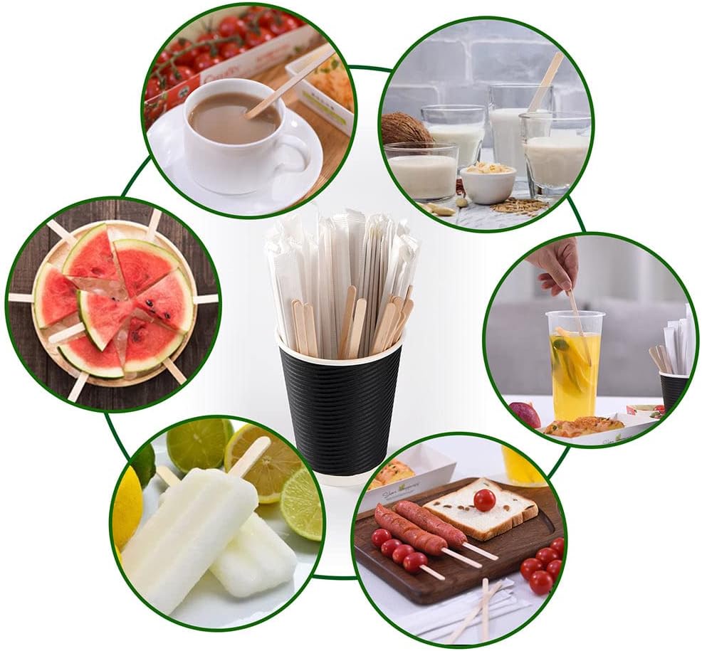 1000pcs Individually Wrapped Coffee Stirrers Wood - 5.5" Coffee Stir Sticks, Round End Disposable coffee stirrer, For Coffee, Cocktail and Hot Drinks