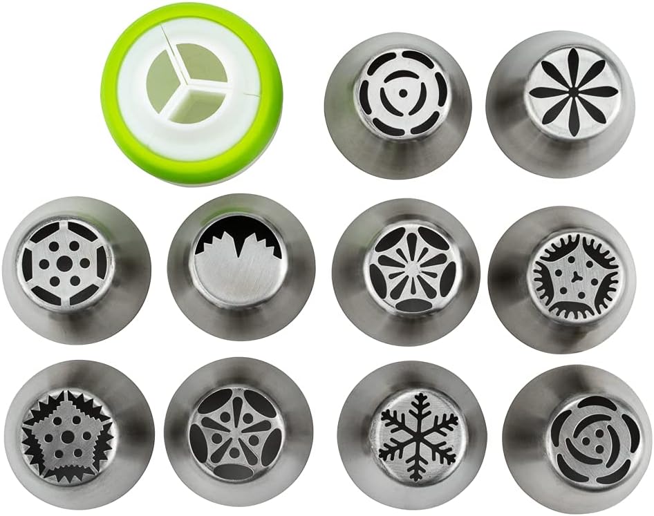 Restaurantware Pastry Tek Russian Piping Tips Set 21 Piece Durable Cake Decorating Kit - 10 Piping Tips 10 Piping Bags Stainless Steel Piping Bags And Tips Set 1 Tri-Color Coupler