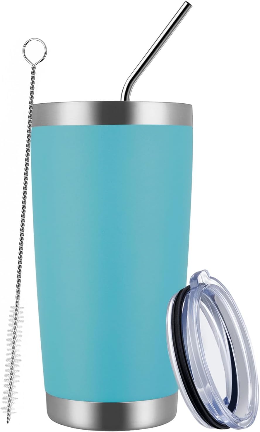 MEWAY 20oz Tumbler Cup Double Wall Vacuum Insulated Travel Mug Bulk, Stainless Steel Tumblers with Lid and Straw, Durable Powder Coated Coffee Cups for Cold & Hot Drinks (Light Blue, 1)