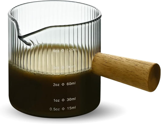 Glass Measuring Cup, 4oz Espresso Shot Glass with Wood Handle, Single Spout Measuring Triple Pitcher Milk Cup for Coffee Tea (Gray Ribbed）
