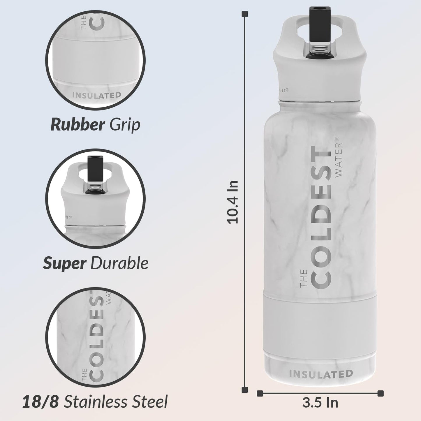 Coldest Insulated Water Bottle with Straw Lid - Stainless Steel Metal Insulated Bottle for Men & Women (Marble White, 32 oz)