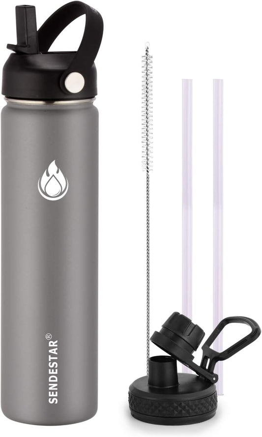 SENDESTAR Stainless Steel Water Bottle, Wide Mouth Water Bottle 24 oz with Straw Lid, Spout Lid, Double Wall Vacuum Insulated Leak Proof, Keeps Liquids Hot or Cold (Graphite)