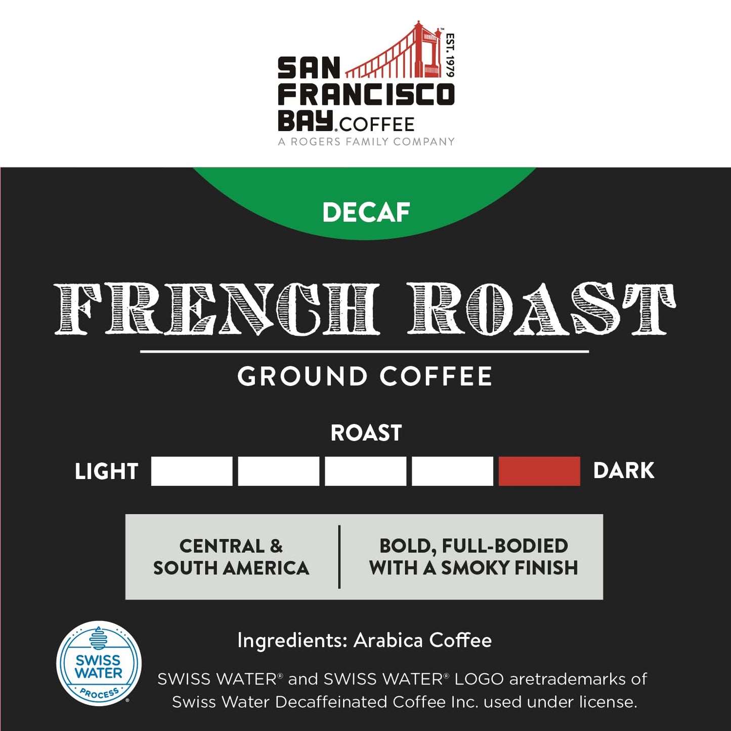 San Francisco Bay Coffee Coffee DECAF French Roast Ground Coffee, 28 oz Bag, Dark Roast, Swiss Water Process Decaffeinated