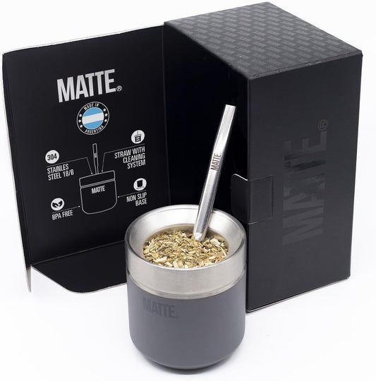 Matte 6.5 oz Yerba Mate Gourd and Bombilla Set - Includes DS Pro Box - BPA Free Yerba Mate Set Kit with Mate Straw, Elegant Design, Non-Slip Base (Grey)