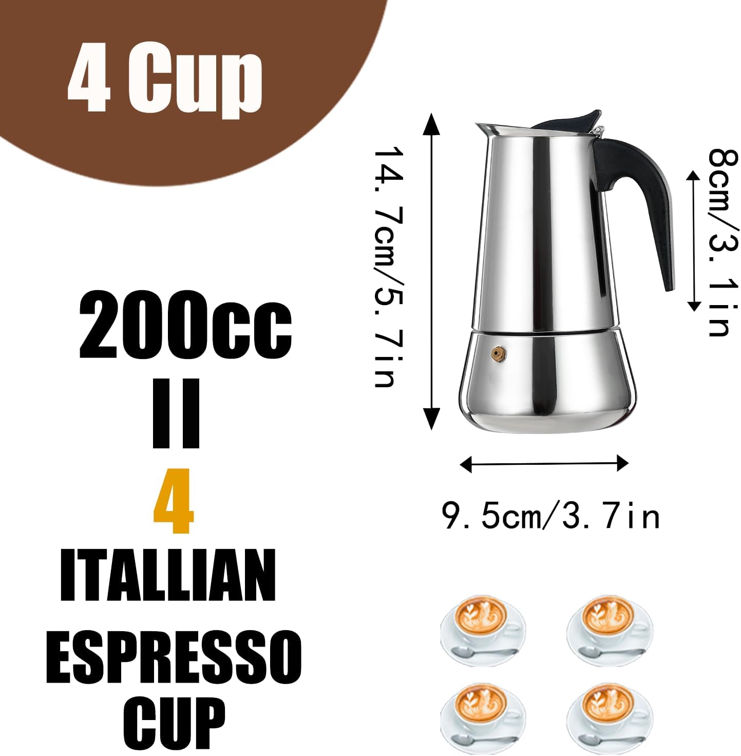 4 Cup Stovetop Espresso Maker Stainless Steel Moka Pot Stove Top Percolator Italian Coffee Makers Capable Mocha Greca Machine Cafe Classic Induction Cookers for Home and Camping 200ml 6.6oz