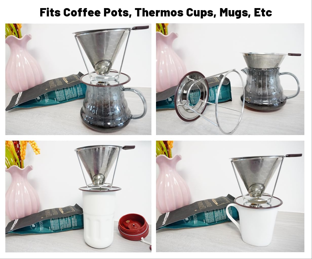 Pour Over Coffee Dripper, Stainless Steel Coffee Filter, Reusable Coffee Filter, Metal Cone Filter with Removable Cup Holder and Cleaning Brush