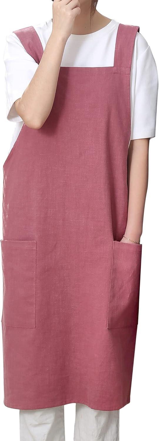 Soft Cotton Linen Apron for Women - Non-tie Cross Back Apron with Pockets, Great for Florist and Kitchen