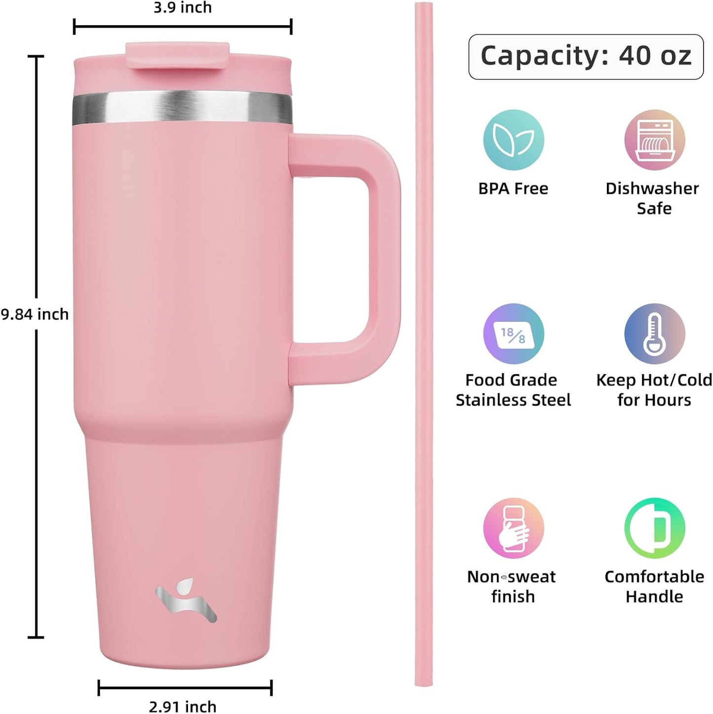 40 oz Tumbler with Handle and 2 Straws,2 in 1 Lid Insulated Water Bottle Stainless Steel Travel Coffee Mug,Pink