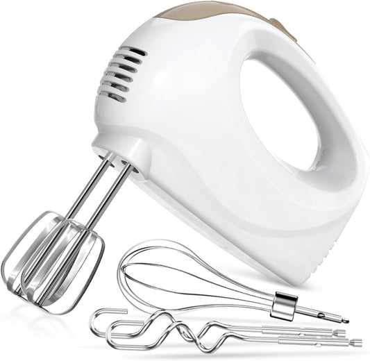 5-Speed Electric Hand Mixer with Whisk, Traditional Beaters, 120 Watts,Portable & Lightweight, Blending or Cooking, Brown