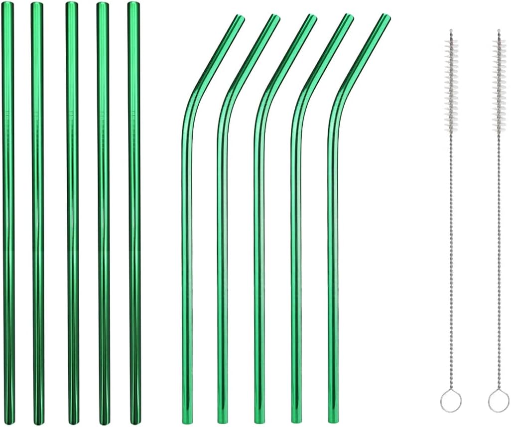 10 Pcs Stainless Steel Straws, Reusable Drinking Straws, 5 Straight + 5 Bent Metal Straws Set With 2 Pcs Cleaning Brushes (Green, 8.5 Inch)